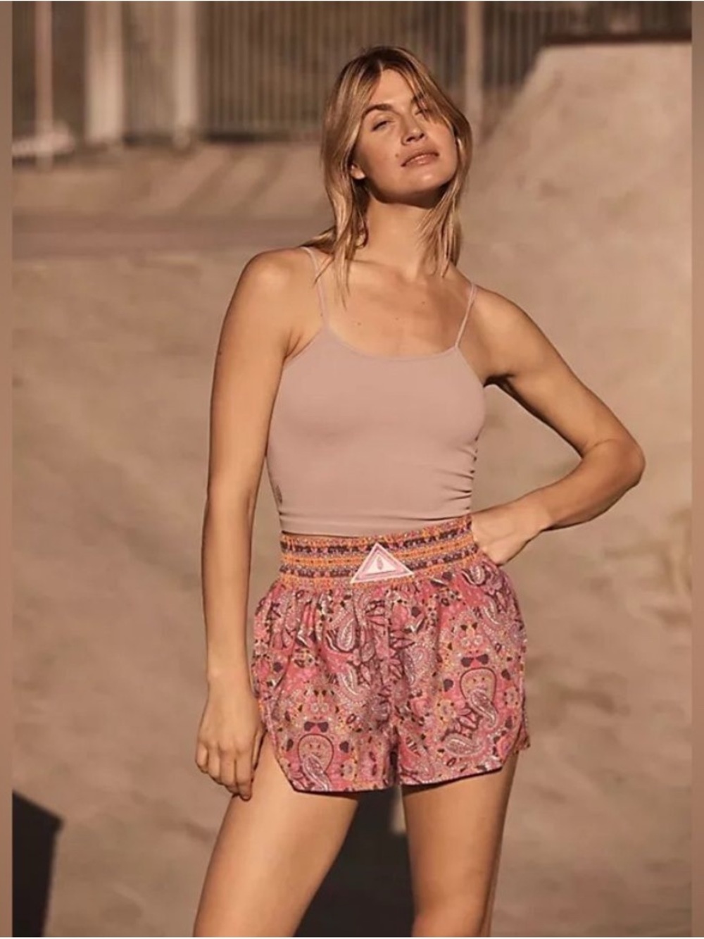 FP Movement by Free People Next Round Pink Paisley Elastic-Waist Athletic Shorts